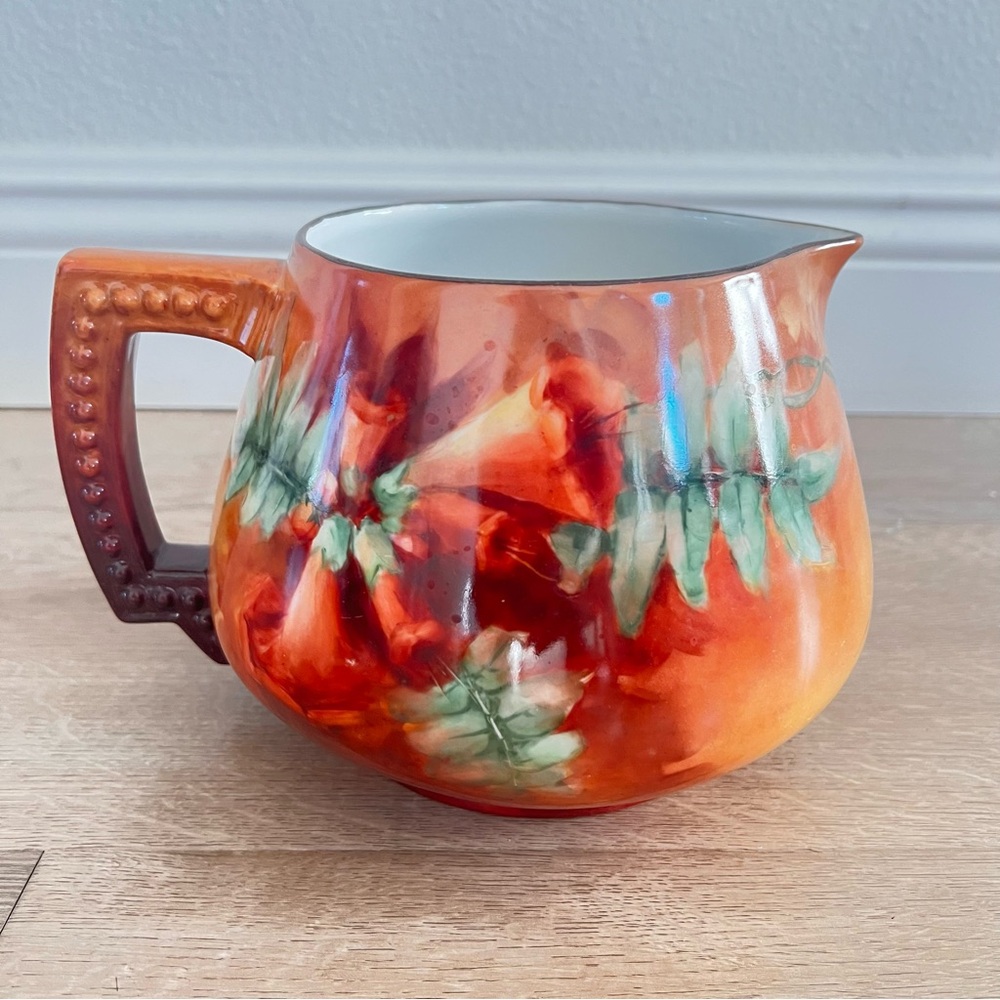 Large JP Limoges Hand Painted LM Signed Trumpet Cider Lemonade Pitcher Jar‎